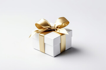 White Gift Box With Gold Ribbon On White Background. Generative AI