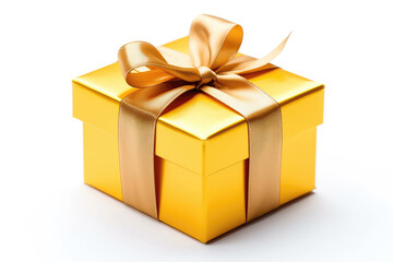 Obraz premium Yellow Gift Box With Gold Ribbon On White Background. Generative AI