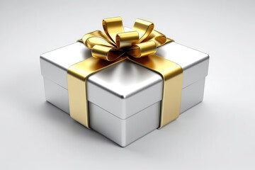 Obraz premium Silver Gift Box With Gold Ribbon On White Background, 3D. Generative AI