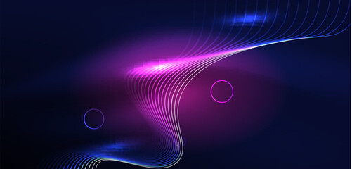 Neon laser lines, circles waves abstract background. Neon light or laser show, electric impulse, power lines, techno quantum energy impulse, magic glowing dynamic lines