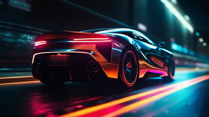 Obraz na płótnie Canvas Sports Car On Neon Highway. Powerful acceleration of a supercar with colorful lights and trails. Generative ai.