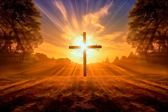 Backlight shot of large cross with the sun and sun rays behind Christian symbol, made with generative ai