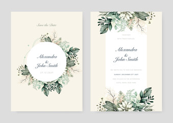 Sage green Elegant watercolor flower wedding invitation design template