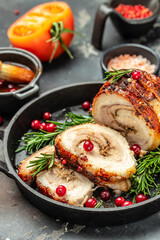Roast roll with spices and cranberry. Food recipe background. Close up