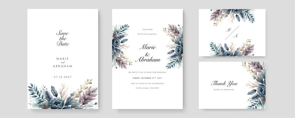 Fototapeta na wymiar dark tosca hand drawn floral wedding invitation card