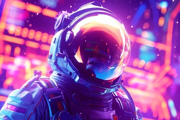 Obraz na płótnie Canvas Sci-fi Retrowave space illustration of science fiction scene with mysterious astronaut figure in space suit surrounded by glowing neon tube lights. Generative Ai.