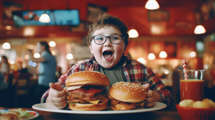 Cute fat happy boy 7 years old with a burger on cafe.