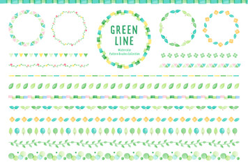 緑の水彩風ラインセット / パターンブラシ有り / 飾り罫、線、イラスト、あしらい、フレーム、素材、自然