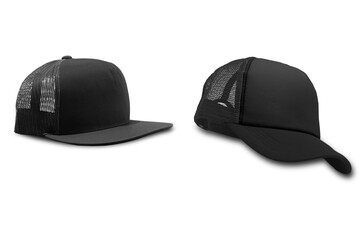 Black trucker hat mockup isolated on white background. 3d rendering.Trucker black cap with black visor realistic mockup front and side view.
