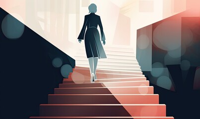 Obraz na płótnie Canvas Contemporary artwork of a woman in business attire climbing stairs Creating using generative AI tools