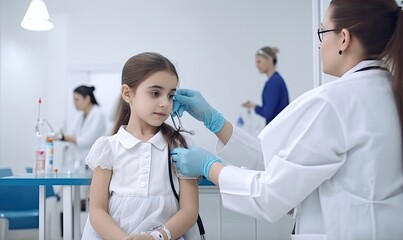 Fototapeta na wymiar Doctor immunizes a young child with a syringe. Creating using generative AI tools