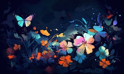 Obraz na płótnie Canvas The blue background provided a serene setting for the colorful flowers and butterflies to stand out. Creating using generative AI tools