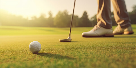 Feet of a golfer hitting the ball with the club at sunset. Generative AI