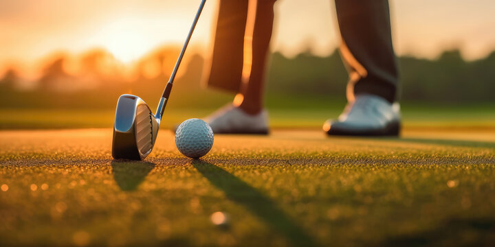 Feet of a golfer hitting the ball with the club at sunset. Generative AI