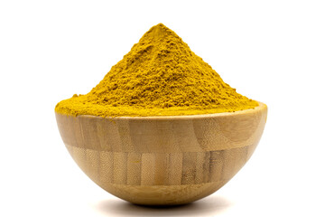 Curry powder isolated on dark background. Curry powder in wooden bowl. Mixture of spices and dried...