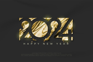 Golden liquid design happy new year 2024. With number 2024 negative space concept. Premium vector design for celebration, greeting, banner and poster.