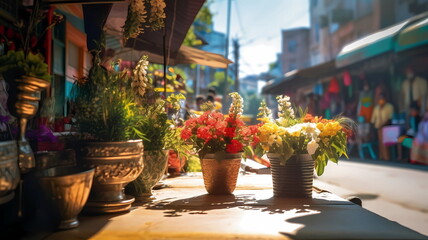 Fototapeta premium summer city street cafe in Europe ,Italy,Spain,Greece and Baltic Countryes ,medieval town ,people walk,day and evening life ,candles blurred light,cup of coffee on Table,style,generated ai