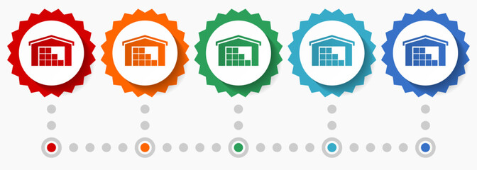Warehouse, storage vector icon set, colorful infographic template, set of flat design badge icons in 5 color options
