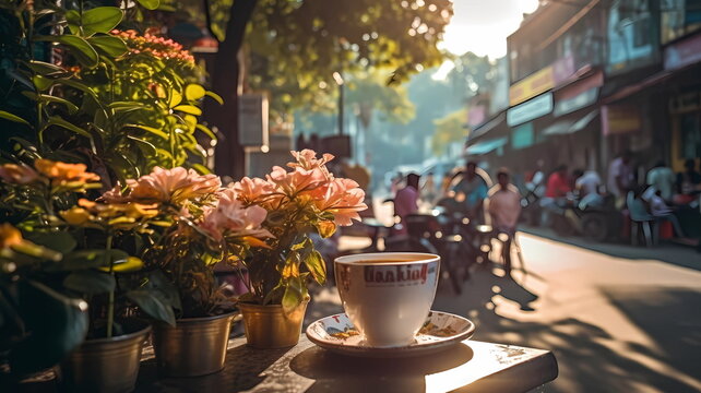 Fototapeta summer city street cafe in Europe ,Italy,Spain,Greece   and Baltic Countryes ,medieval town ,people walk,day and evening life ,candles blurred light,cup of coffee on Table,style,generated ai
