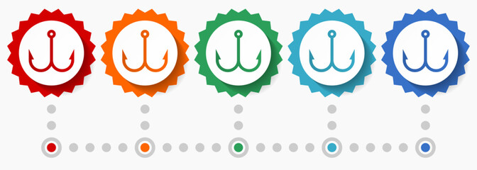 Fishing hook vector icon set, colorful infographic template, set of flat design badge icons in 5 color options