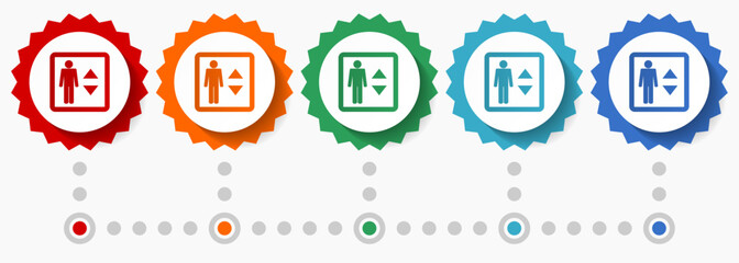Elevator, lift vector icon set, colorful infographic template, set of flat design badge icons in 5 color options