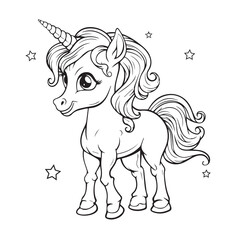 Beautiful unicorn with stars. Vector outline for coloring book. Cartoon coloring pages.