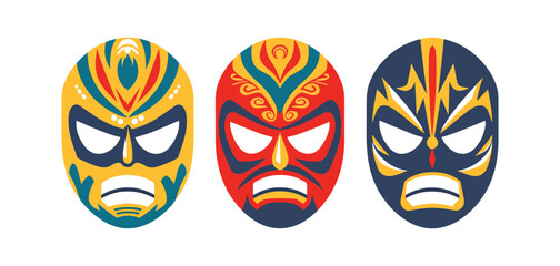 Set of three luchador. Lucha Libre, Mexican wrestling masks. Minimal flat vector icons. - obrazy, fototapety, plakaty