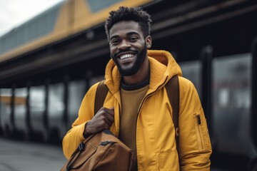 Fototapeta premium Happy man in yellow with bag in airport Generative ai.