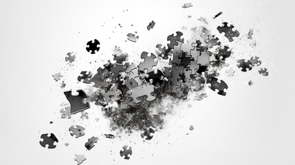 A Black and White Illustration of Puzzle Pieces Floating Through the Air, Grunge Style, Generative
