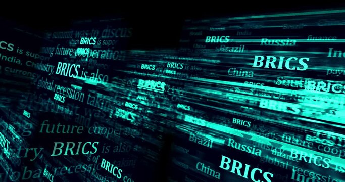 BRICS economic group and union organization headline news across international media. Abstract concept of news titles on noise displays loop. TV glitch effect seamless and looped.
