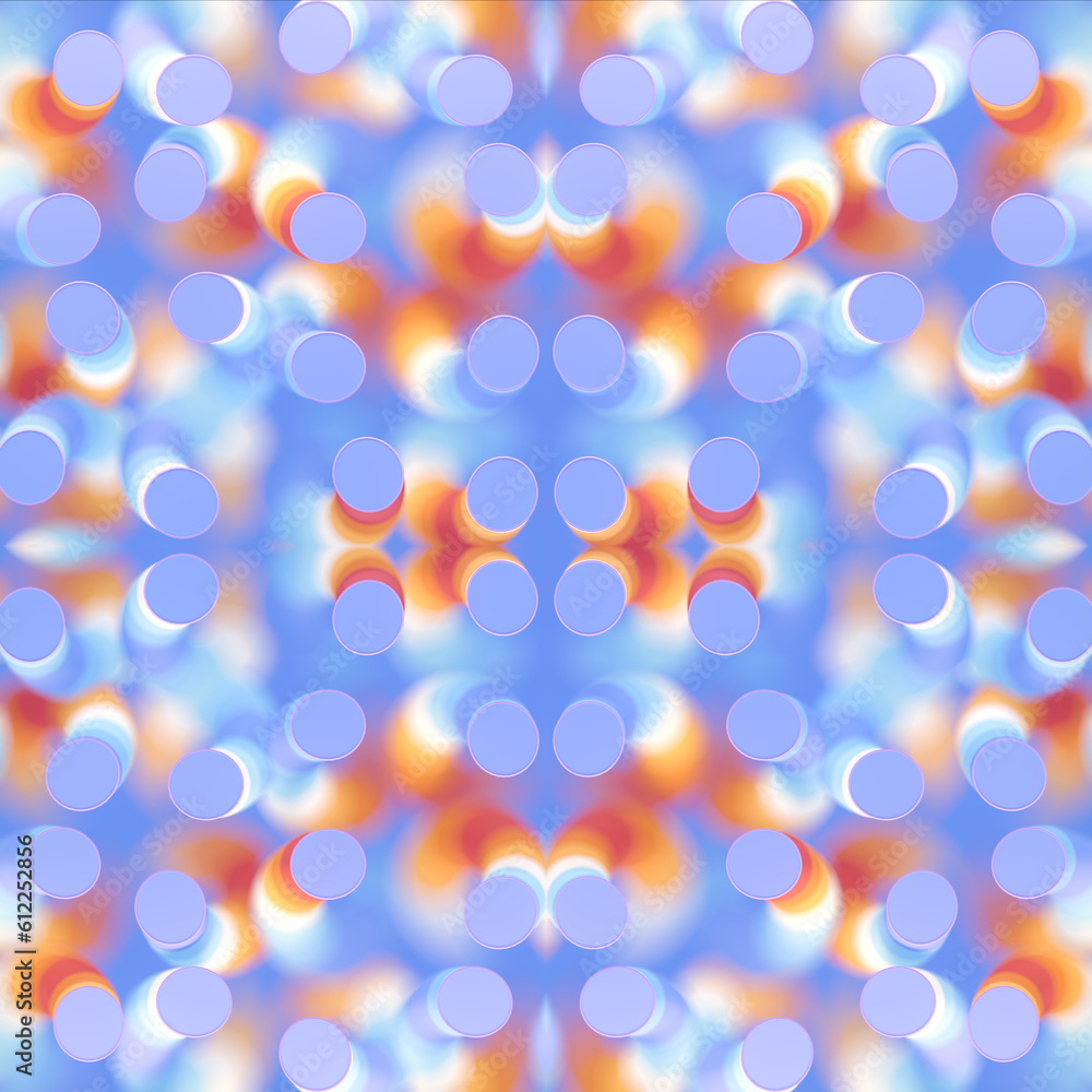 Poster Symmetrical pattern of spiral shaped objects with a colorful texture. 3d rendering abstract background