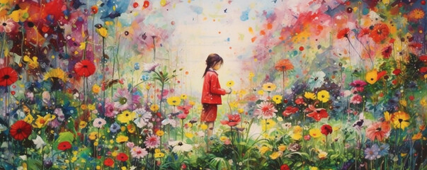 Obraz na płótnie Canvas A Watercolor Painting of a Little Girl in a Flower Garden, Generative AI