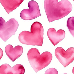 Fototapeta premium Set Pink Watercolor Hearts Of Love. Seamless Background. Generative AI