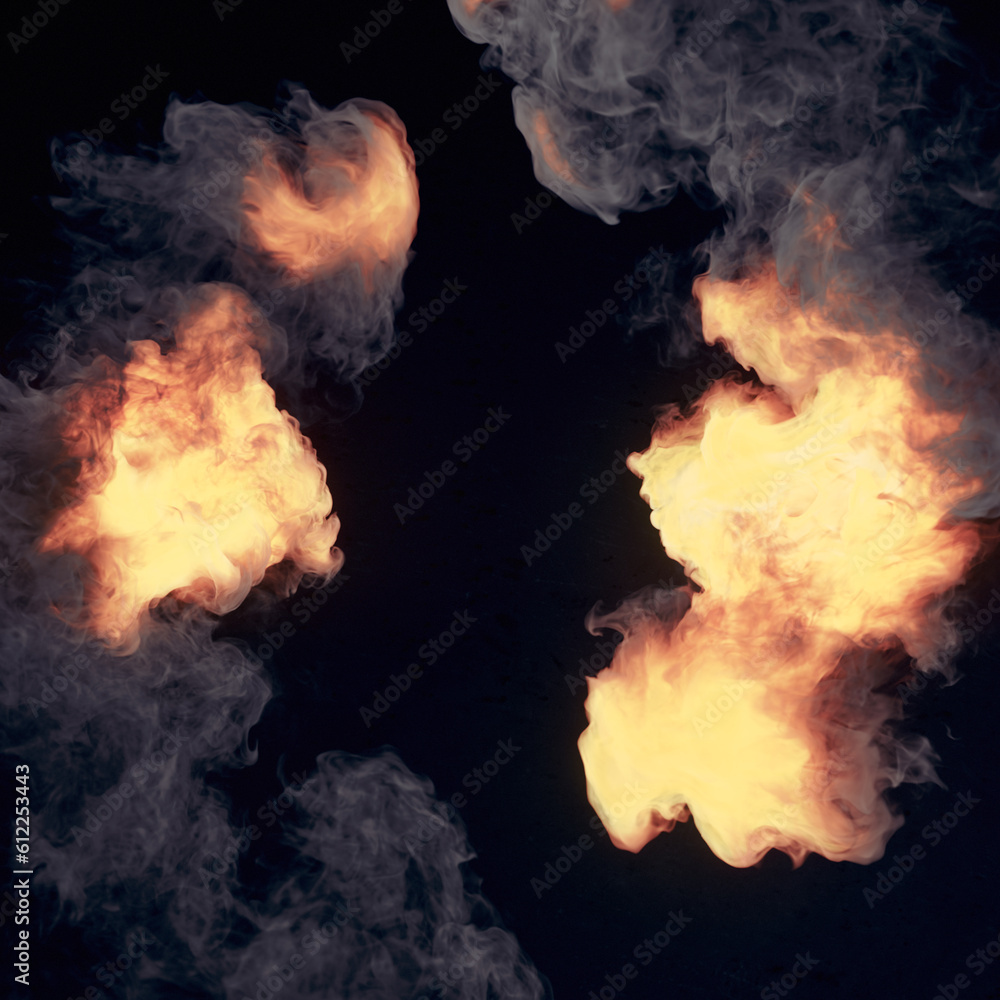 Poster composition with close up fire explosions and dark smoke. futuristic background. 3d rendering digita