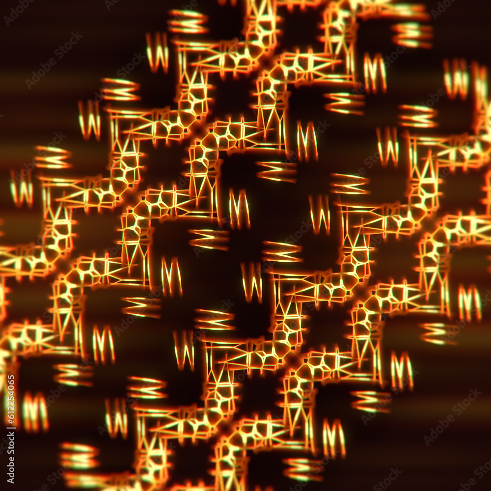Poster digital illustration of a colorful golden wire construction on a dark brown background. 3d rendering