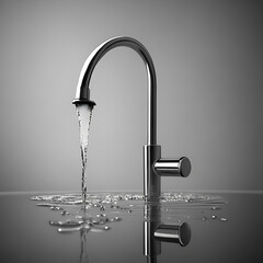 Water tap with water drops isolated on grey background. open tap and waste water