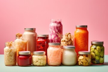 Fototapeta na wymiar Set of fermented food in jars isolated on pink background. Healthy probiotic or prebiotic diet. AI Generated.