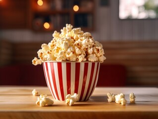 popcorn overflowing from a red and white striped container on a wooden table