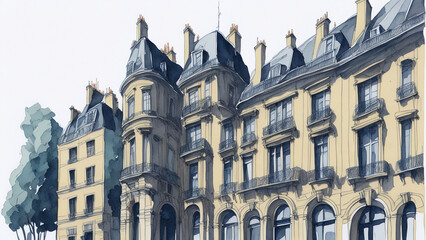 Fototapeta na wymiar Watercolor modern cityscape of the buildings of the city of Paris, the concept of travel and tourism.