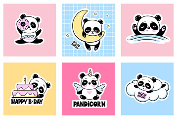 Cute Panda Colorful Cards. Unicorn, Happy Birthday Cake, Sleeping on the Moon and Cloud Animals
