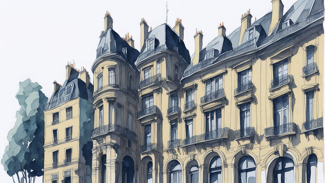 Watercolor modern cityscape of the buildings of the city of Paris, the concept of travel and tourism.