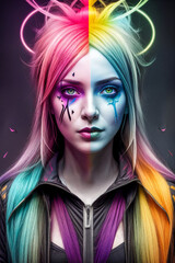 Multicolored vibrant color rainbow woman.Punk style.Dark tones.Chaos apocalypse.Digital creative designer art drawing.AI illustration