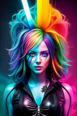 Naklejka na ściany i meble Multicolored vibrant color rainbow woman.Punk style.Dark tones.Chaos apocalypse.Digital creative designer art drawing.AI illustration