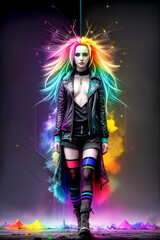Multicolored vibrant color rainbow woman.Punk style.Dark tones.Chaos apocalypse.Digital creative designer art drawing.AI illustration