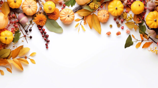 Garland of berry eucalyptus leaves, branches, and pumpkins isolated on white table background. Fall, Thanksgiving design. Flat lay, top view.  AI Generative Image