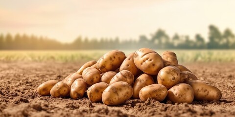 AI Generated. AI Generative. Vegetarian food. Harvest farming potato at green field earth. Graphic Art