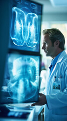 A doctor examining an x-ray image with a lightbox in a radiology room, taken with a tilt-shift lens to highlight the details and diagnostic capabilities, demonstrating advanced medical imaging