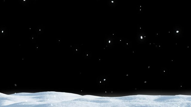 natural white snow cover with snowflake animation on floor isolated on black background, snow texture template overlay for winter season holiday