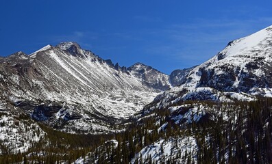 long's peak as seen from emerald lake trail  while snowshoeing  on a sunny  spring  day in rocky mountain national park, colorado   