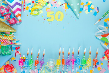 Top view card happy birthday with number  50. Copy space. Postcard holiday anniversary. Happy...